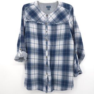 J. Jill plaid long sleeve button up tunic top Size XL petite blue roll tab